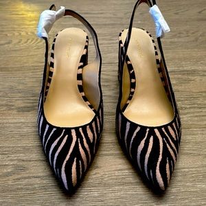 brand new AnnTaylor sling back with side buckle closure. Tan/brown zebra print